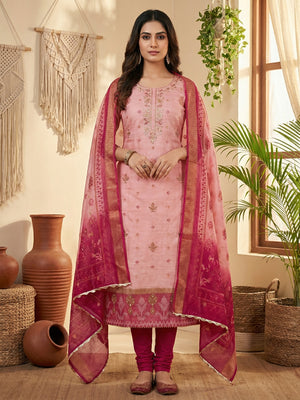 Luxurious Pink Floral Beads & Moti Handwork Banarasi Silk Dress Material With Shimmering Sequins - Image 1