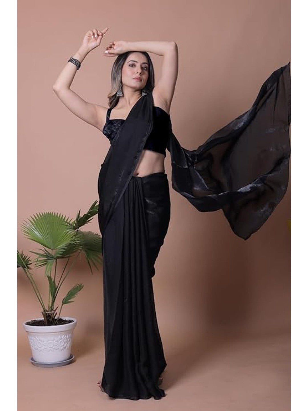 Royal Black Solid Satin Saree Designed for Elegant Party Wear Styling - Image 2