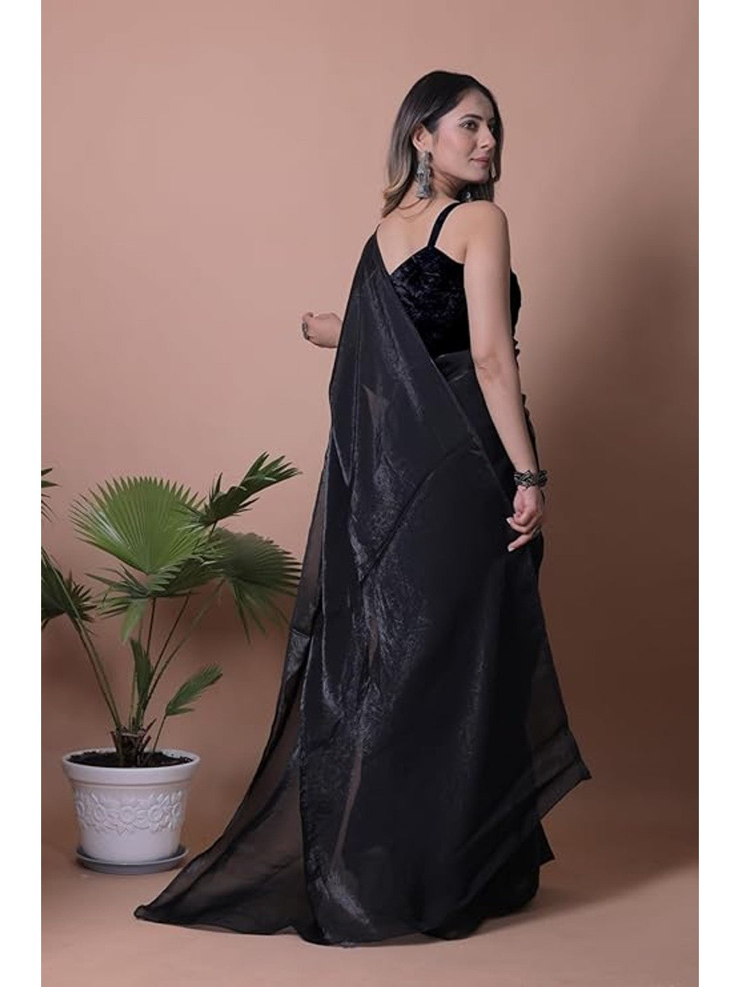 Royal Black Solid Satin Saree Designed for Elegant Party Wear Styling - Image 3