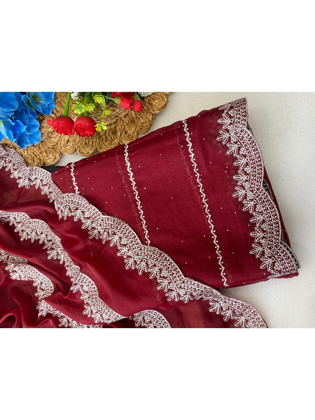 Timeless Maroon Georgette Saree With Detailed Embroidery & Elegant Swarovski Embellishments - Image 4