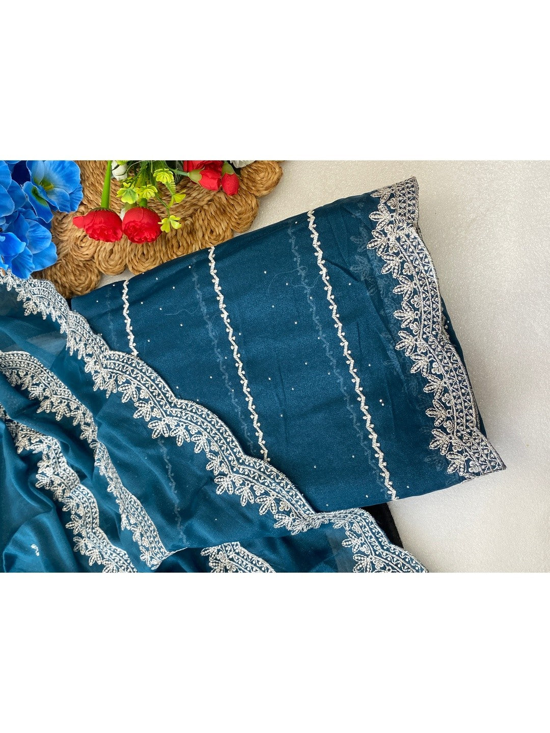 Timeless Blue Georgette Saree with Detailed Embroidery & Elegant Swarovski Embellishments - Image 4