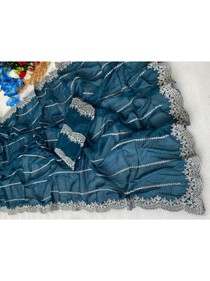 Timeless Blue Georgette Saree with Detailed Embroidery & Elegant Swarovski Embellishments - Image 2
