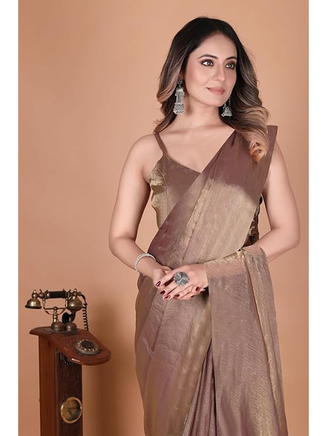 Elegant Brown Chiffon Solid Partywear Saree - Image 2