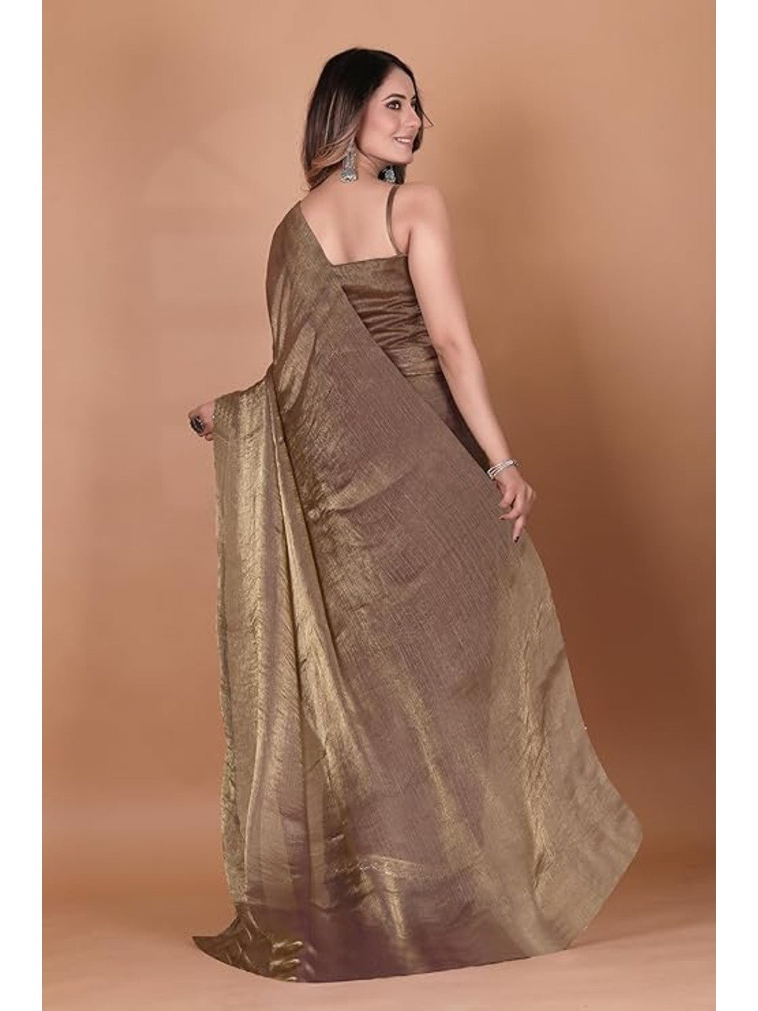 Elegant Brown Chiffon Solid Partywear Saree - Image 3