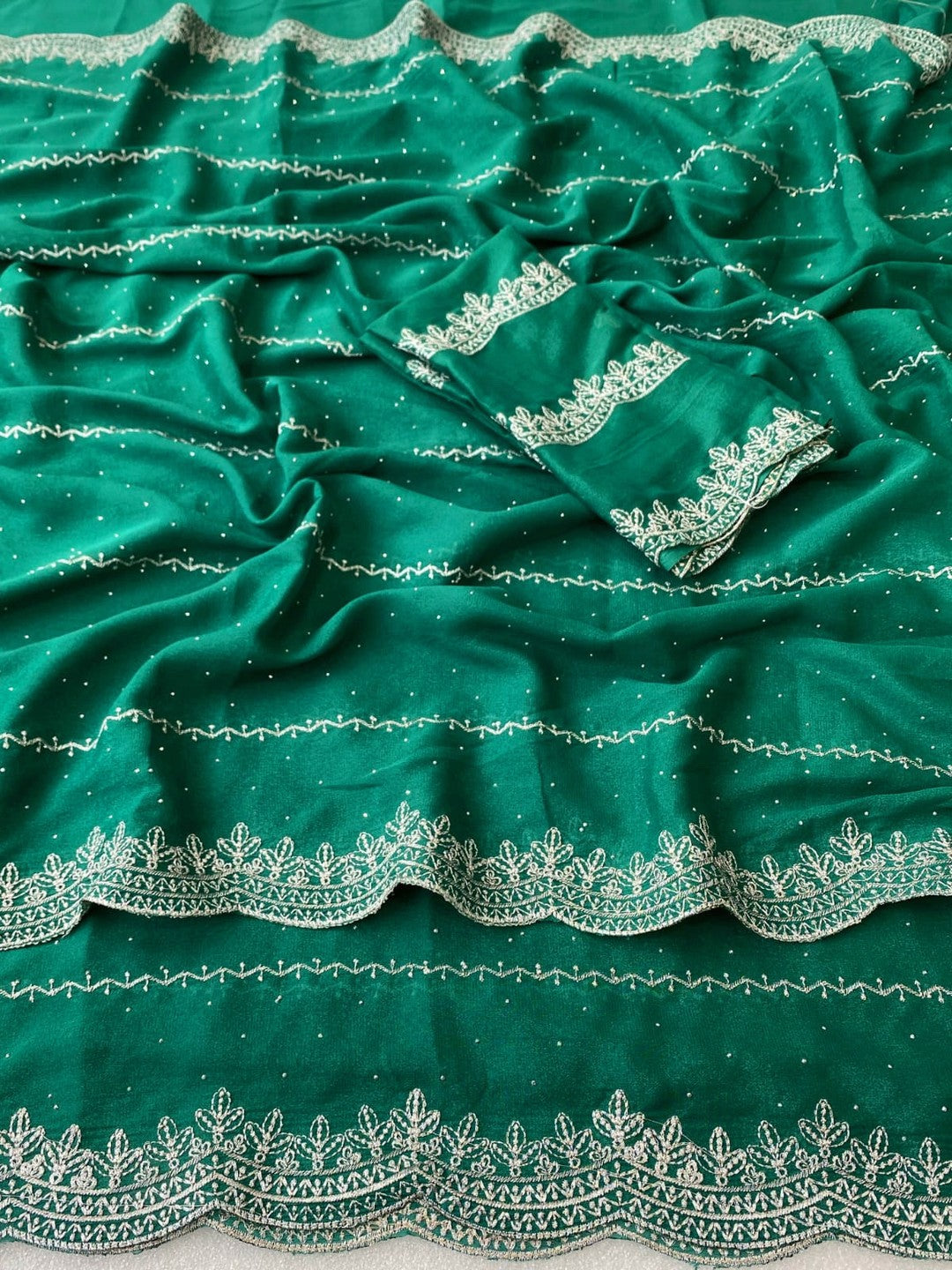 Timeless Rama Green Georgette Saree with Detailed Embroidery & Elegant Swarovski Embellishments - Image 3