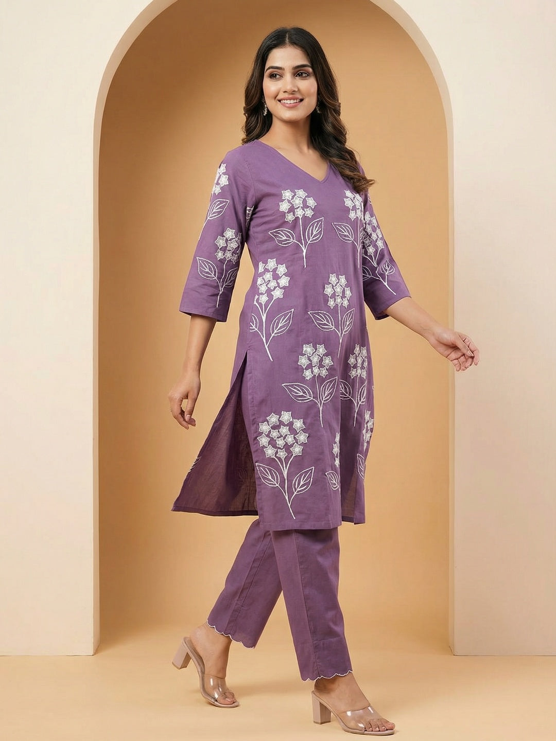 Lavender Floral Embroidered Pure Cotton A-Line Kurta and Bottom Set for Elegant Ethnic Wear - Image 1