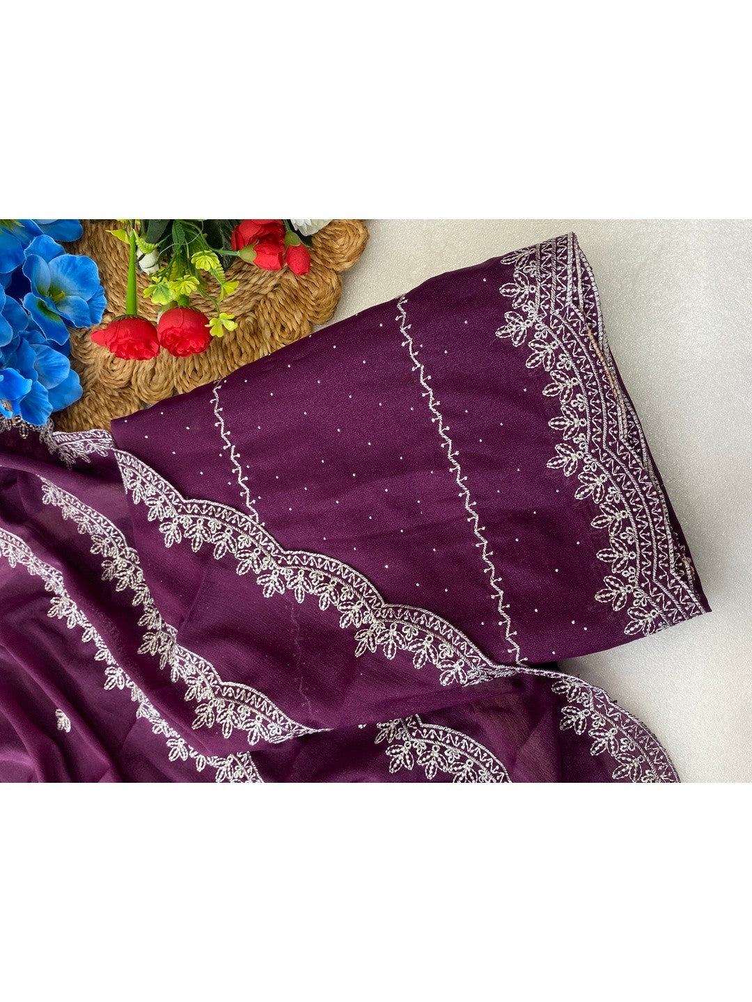 Timeless Wine Georgette Saree with Detailed Embroidery & Elegant Swarovski Embellishments - Image 3