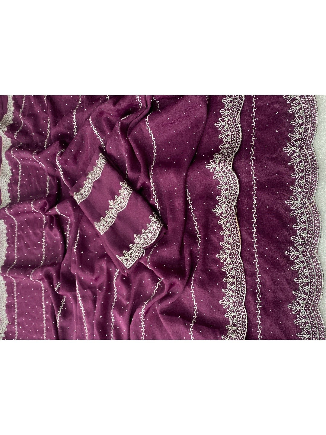 Timeless Wine Georgette Saree with Detailed Embroidery & Elegant Swarovski Embellishments - Image 4
