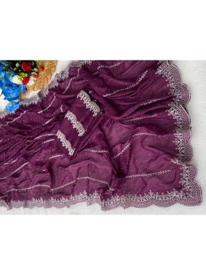 Timeless Wine Georgette Saree with Detailed Embroidery & Elegant Swarovski Embellishments - Image 2