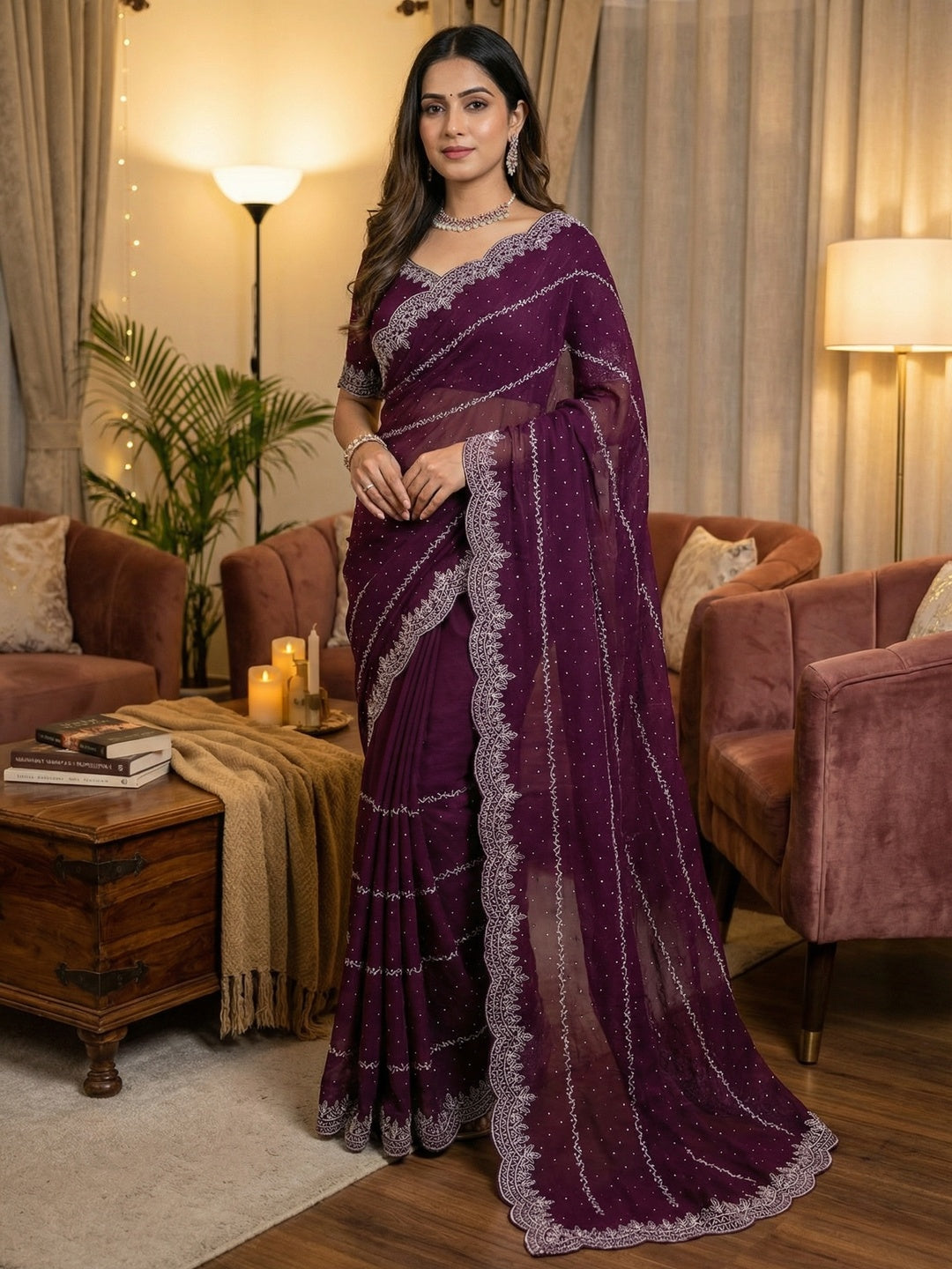 Timeless Wine Georgette Saree with Detailed Embroidery & Elegant Swarovski Embellishments - Image 1