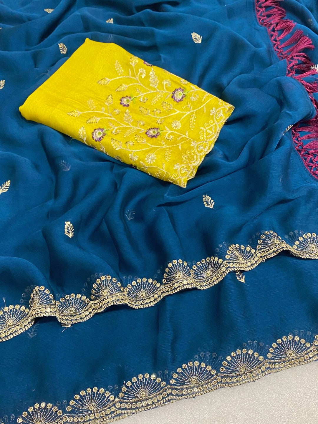 Premium Blue Georgette Saree With Rich Sequins Embroidery & Designer Tassel Pallu - Image 4
