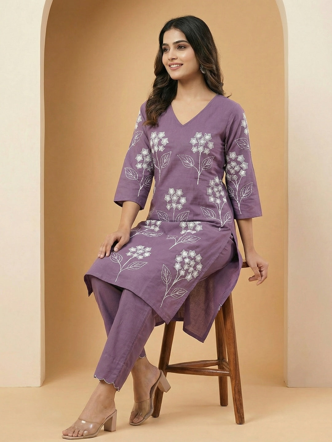 Lavender Floral Embroidered Pure Cotton A-Line Kurta and Bottom Set for Elegant Ethnic Wear - Image 2
