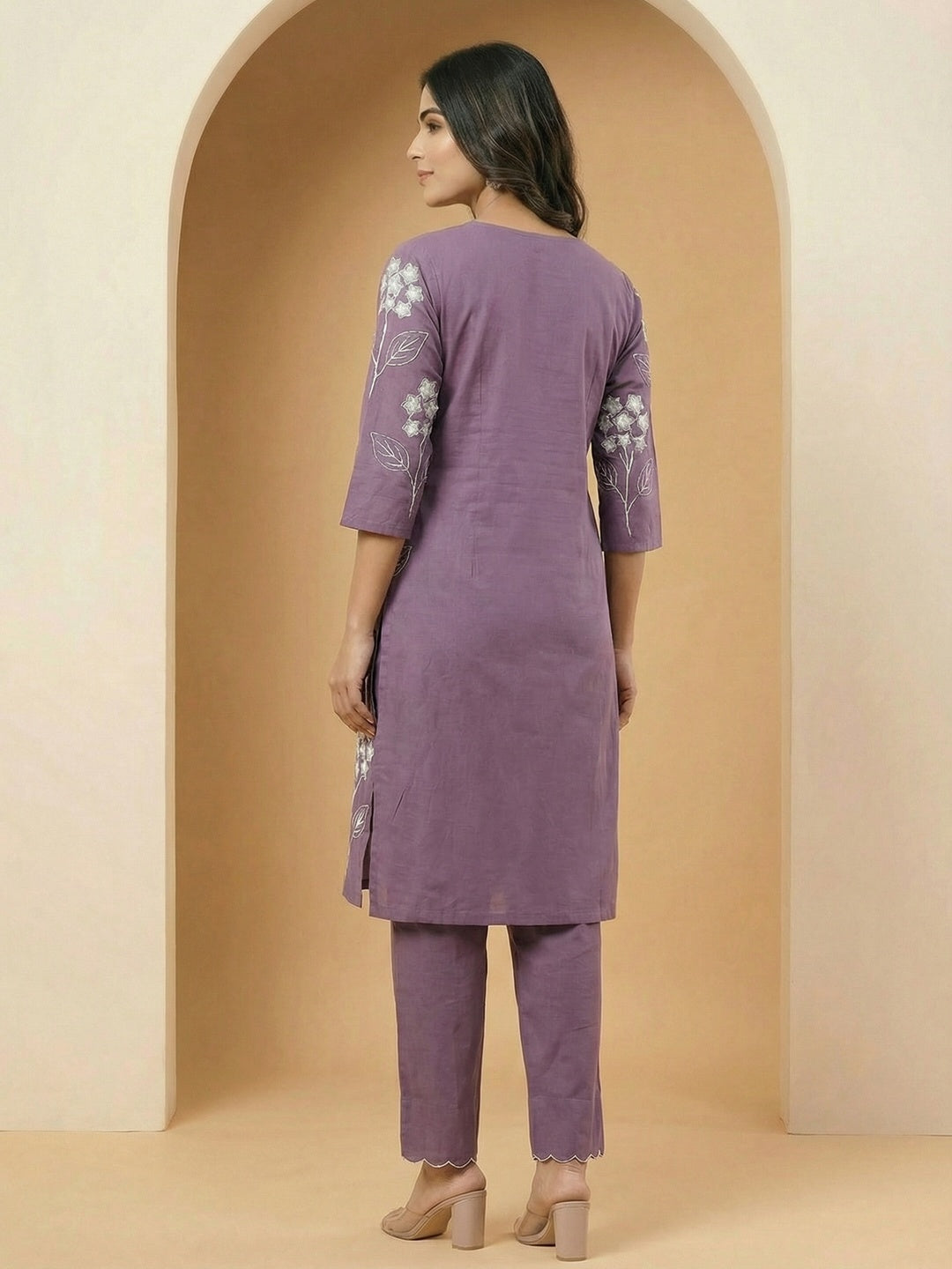 Lavender Floral Embroidered Pure Cotton A-Line Kurta and Bottom Set for Elegant Ethnic Wear - Image 3