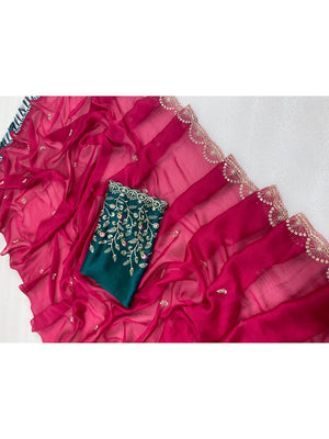 Premium Pink Georgette Saree With Rich Sequins Embroidery & Designer Tassel Pallu - Image 2