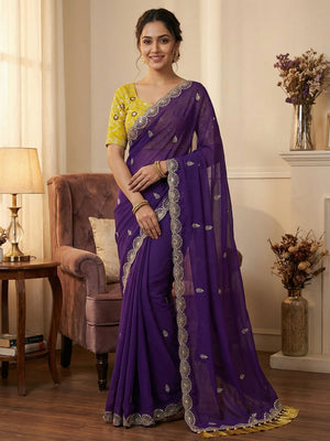 Premium Purple Georgette Saree With Rich Sequins Embroidery & Designer Tassel Pallu - Image 1