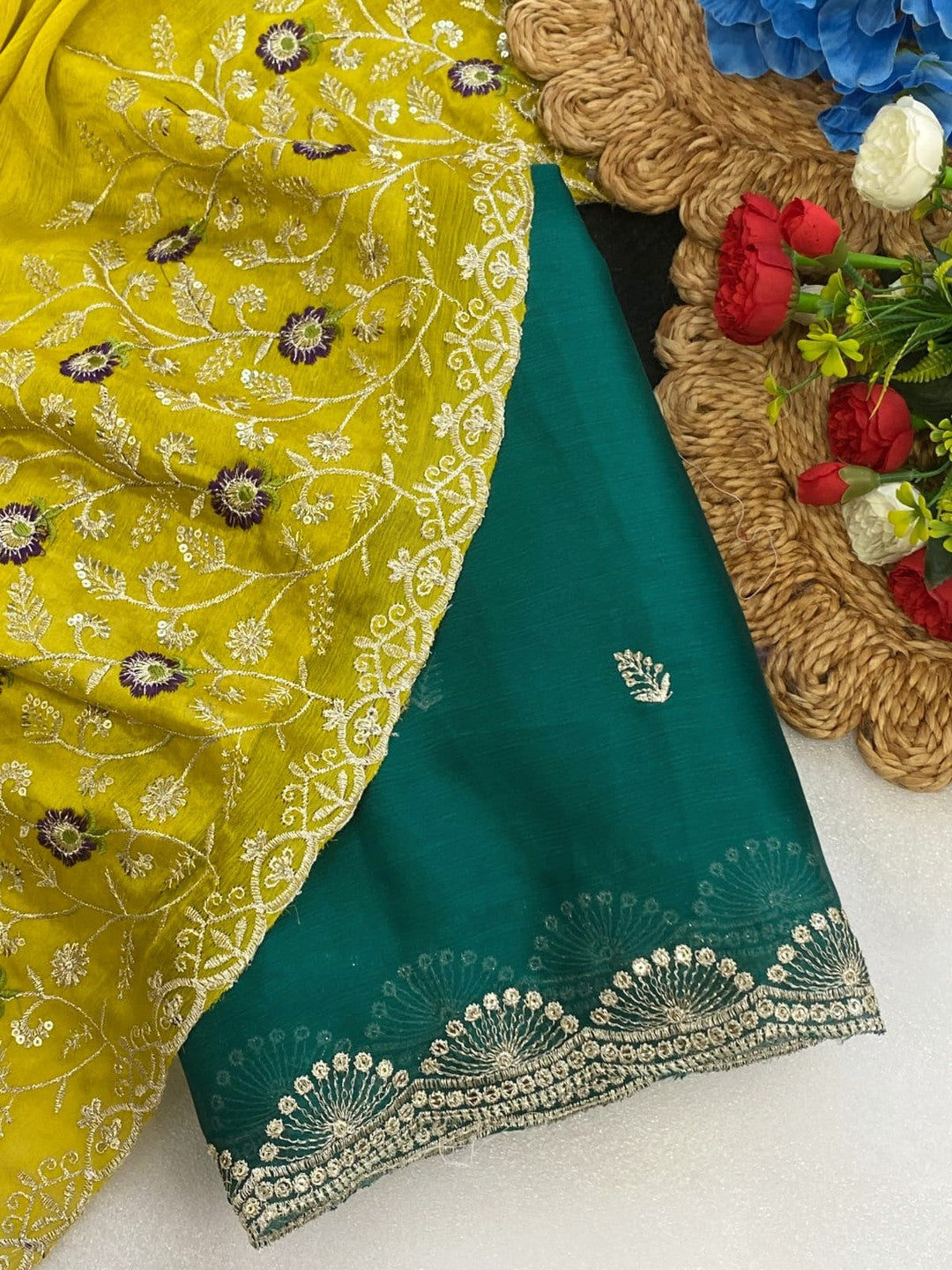 Premium Rama Green Georgette Saree With Rich Sequins Embroidery & Designer Tassel Pallu - Image 3