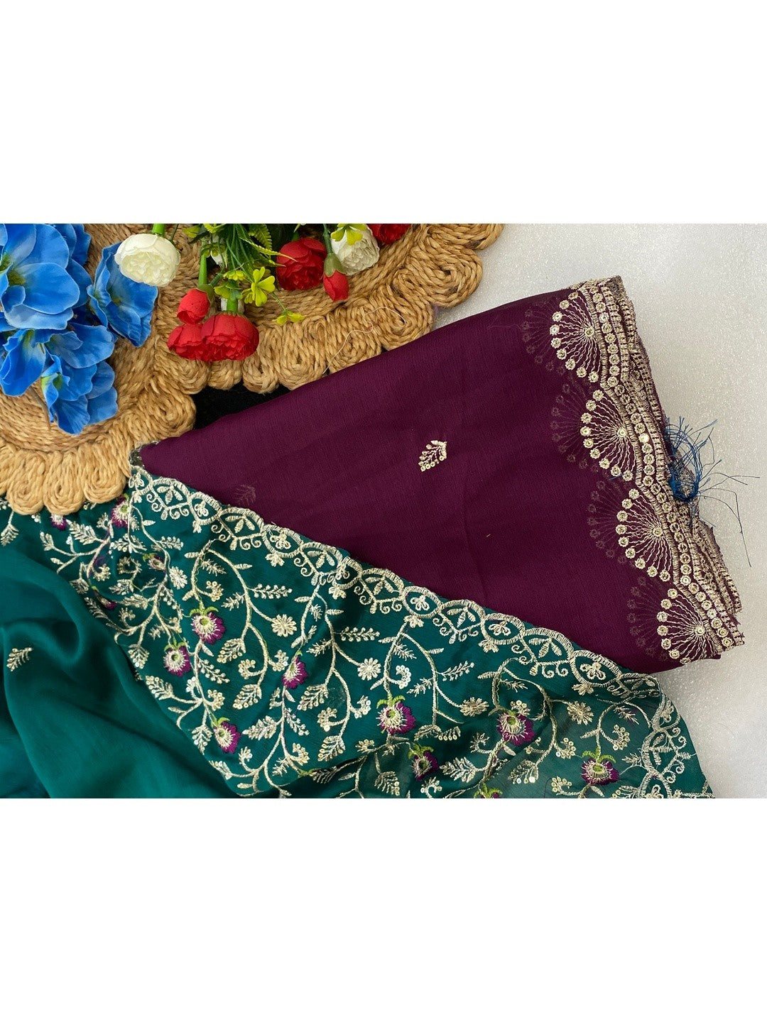 Premium Wine Georgette Saree With Rich Sequins Embroidery & Designer Tassel Pallu - Image 4