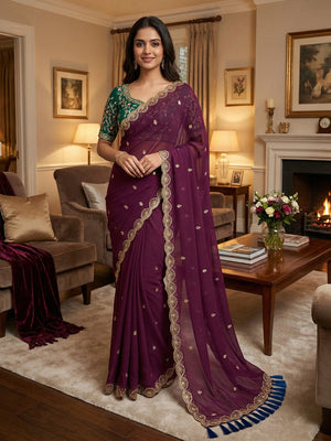 Premium Wine Georgette Saree With Rich Sequins Embroidery & Designer Tassel Pallu - Image 1
