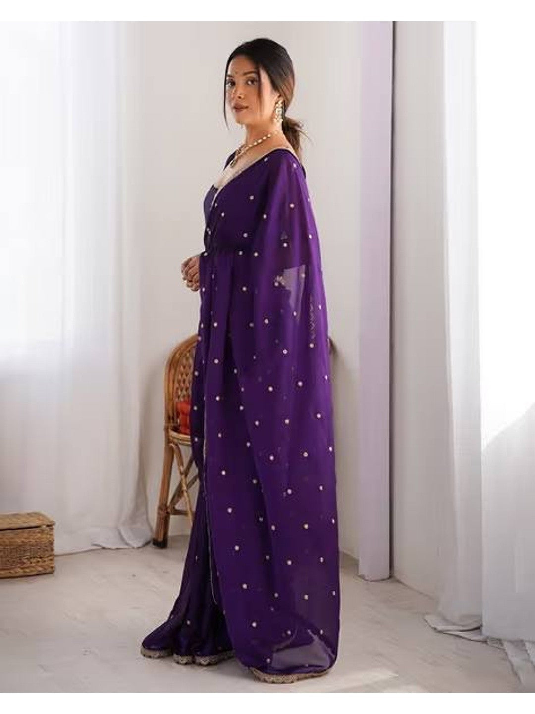 Royal Purple Georgette Silk Party Wear Saree with Elegant Sequins Embellishment - Image 4