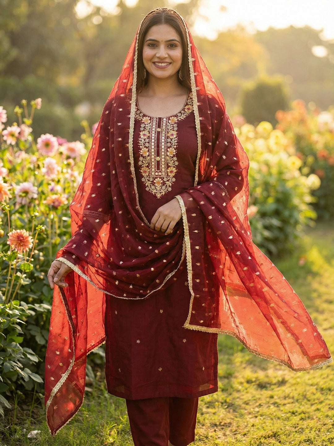 Maroon Chanderi Silk Dress Material Showcasing Floral Embroidery & Artisanal Gota Patti Work - Image 1