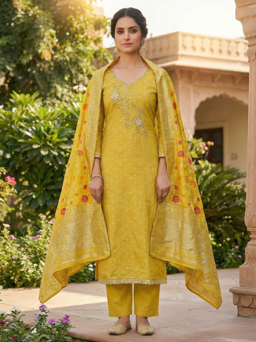 Elegant Mustard Weaving Shimmer Banarasi Dress Material Adorned With Floral Moti & Sequin Work - Image 1