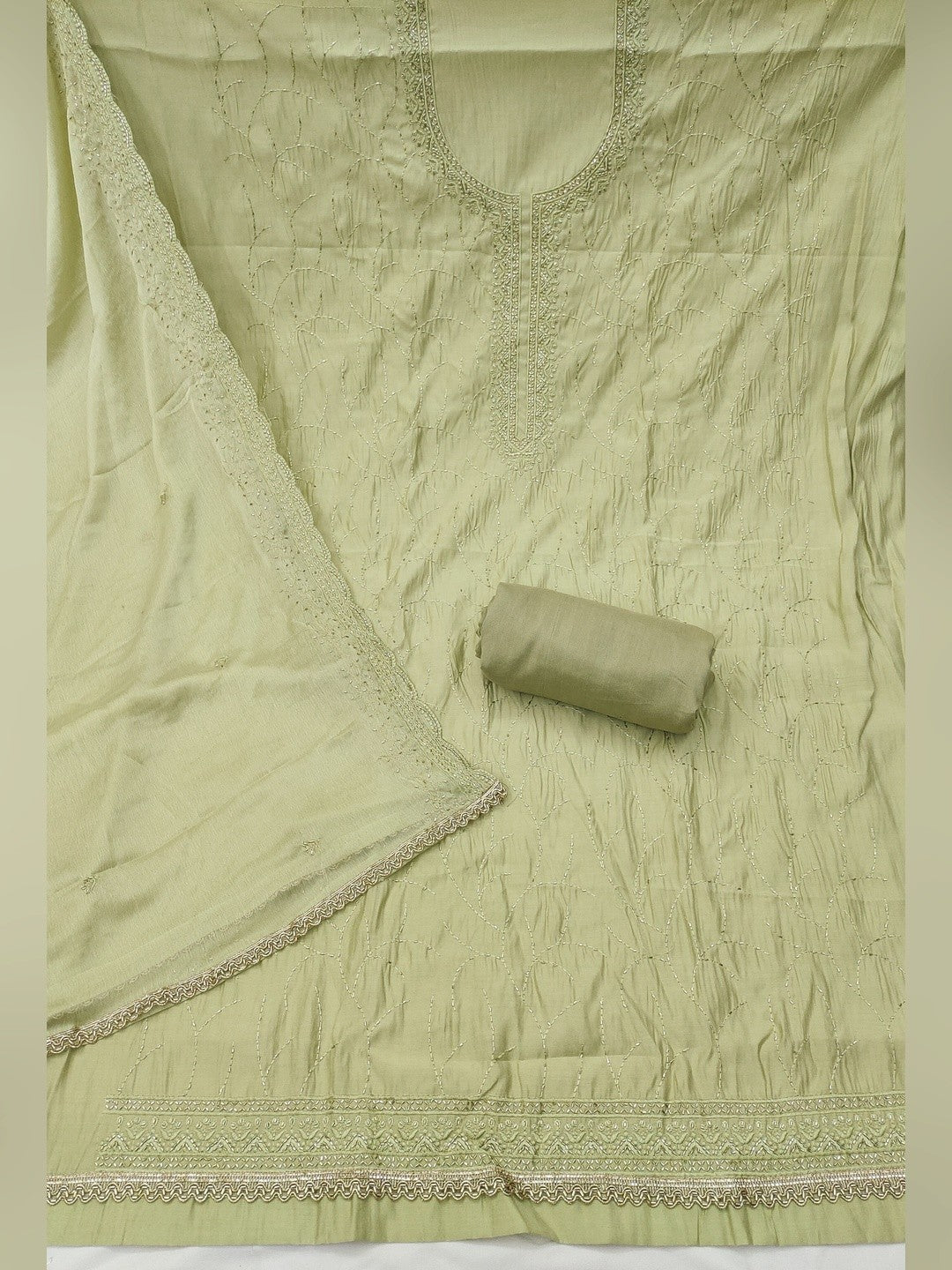 Premium Green Cotton Silk Dress Material Enhanced With Delicate Thread Embroidery & Handwork - Image 2