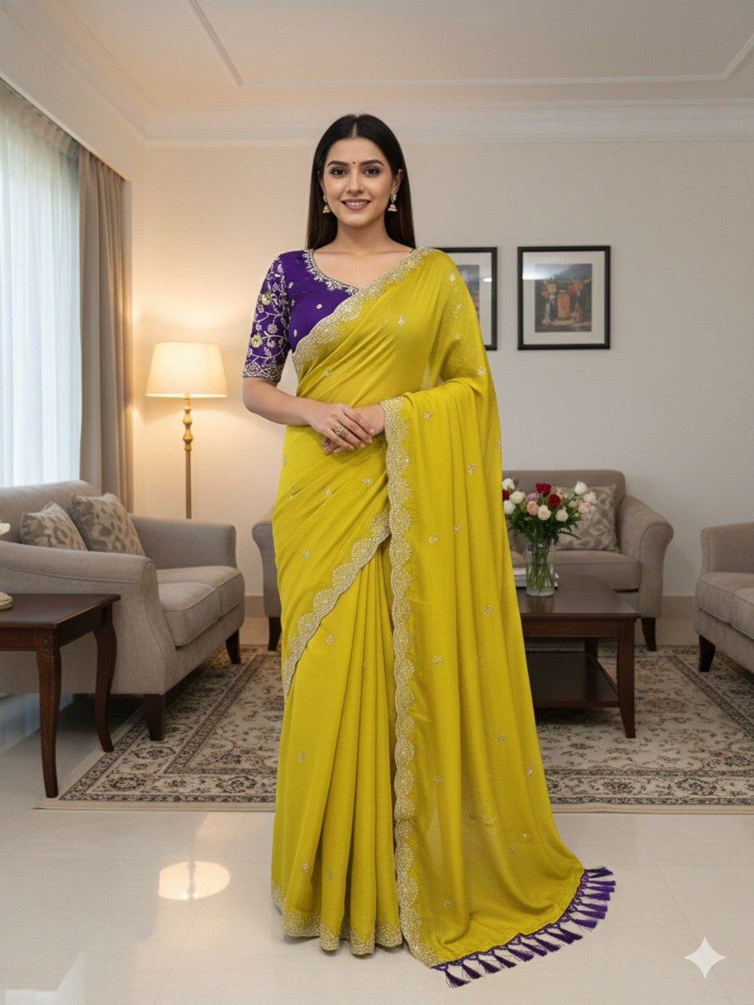 Premium Lemon Yellow Georgette Saree With Rich Sequins Embroidery & Designer Tassel Pallu - Image 1
