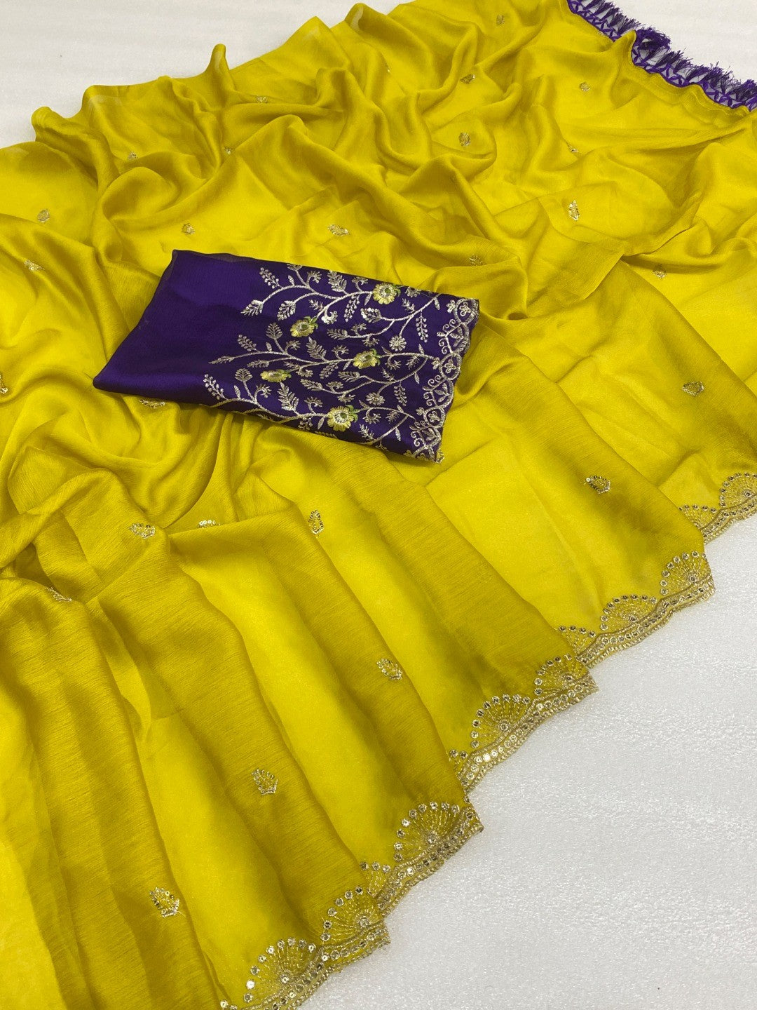 Premium Lemon Yellow Georgette Saree With Rich Sequins Embroidery & Designer Tassel Pallu - Image 2