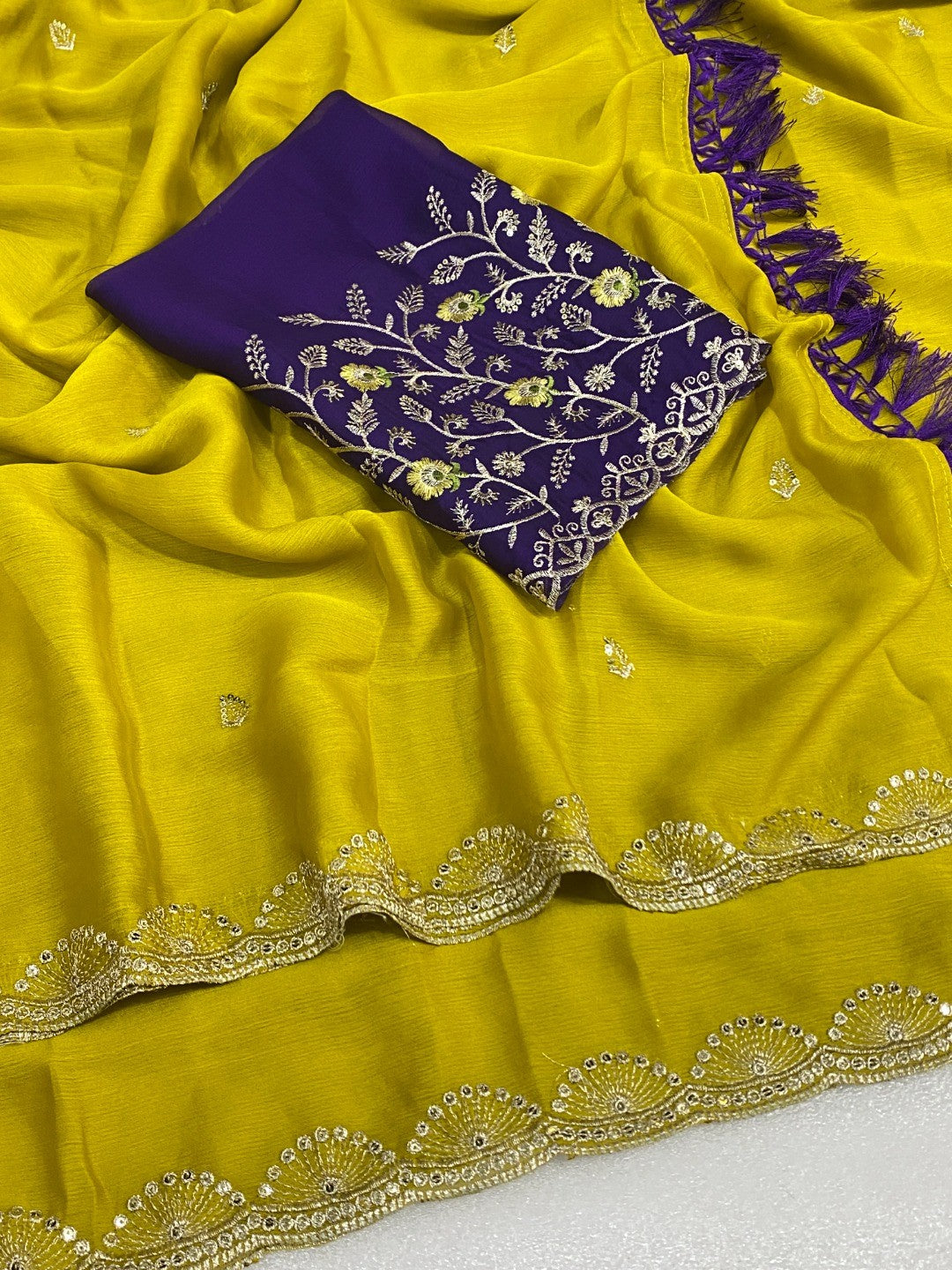 Premium Lemon Yellow Georgette Saree With Rich Sequins Embroidery & Designer Tassel Pallu - Image 4