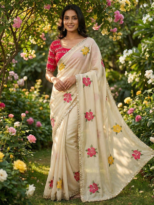 Cream & Pink Floral Thread Work Saree Viscose Beautiful Mirror Border Festive Glamour - Image 1
