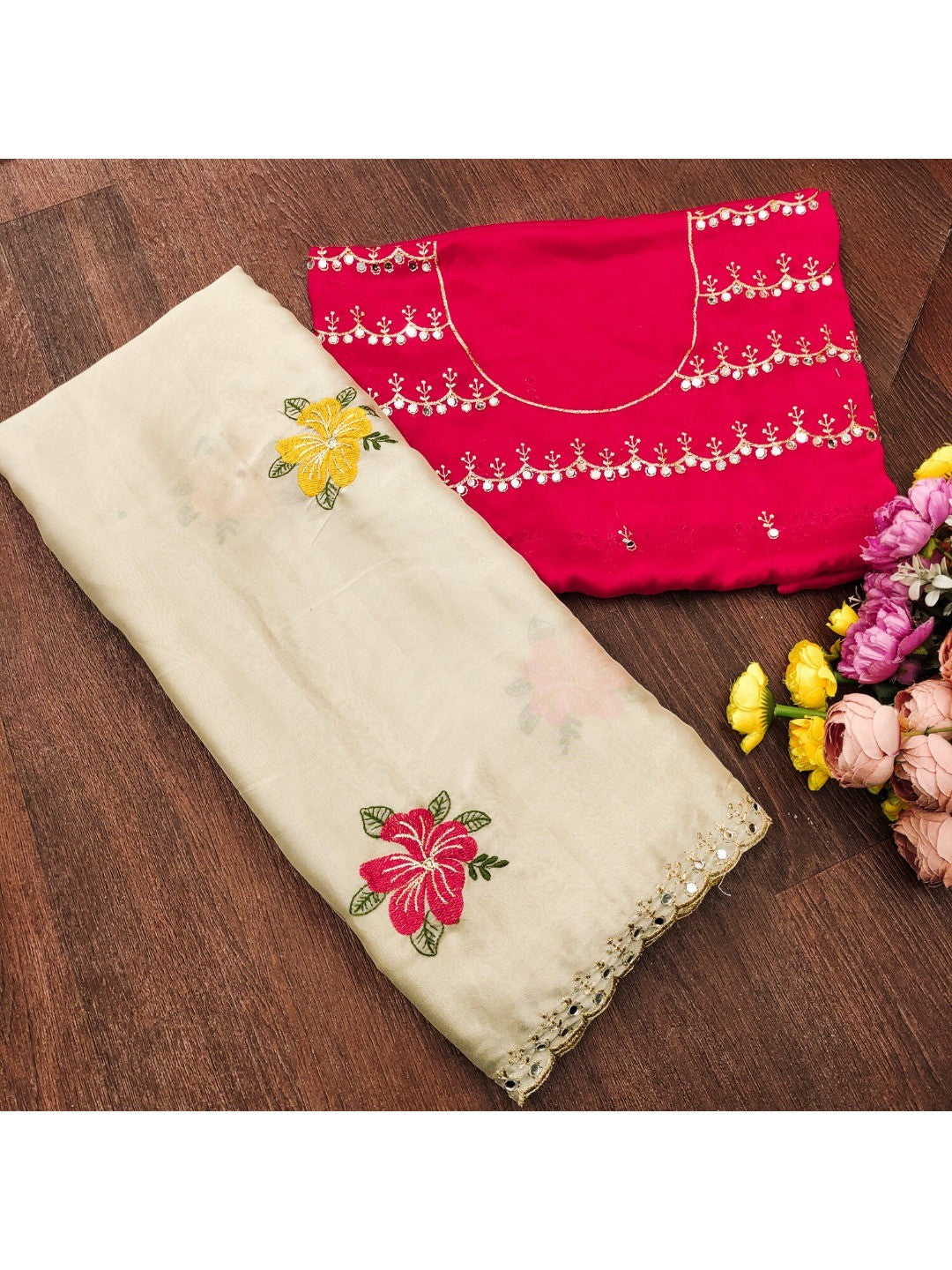 Cream & Pink Floral Thread Work Saree Viscose Beautiful Mirror Border Festive Glamour - Image 2