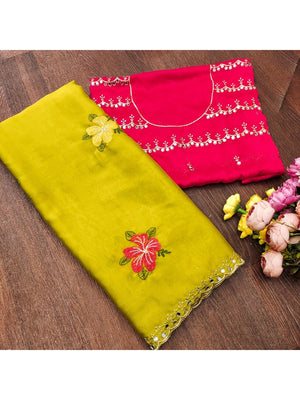 Yellow & Pink Floral Thread Work Saree Viscose Beautiful Mirror Border Festive Glamour - Image 2