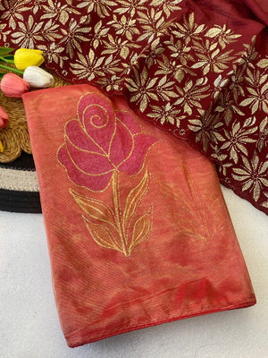 Elegant Gajari Pink Twill Net Saree Adorned With Floral Foil Printed Work For A Subtle Festive Look - Image 2