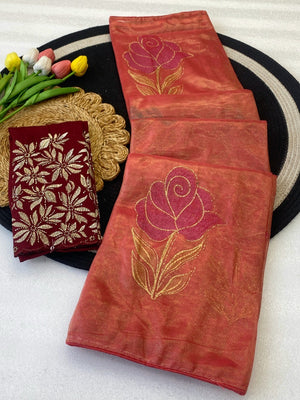 Elegant Gajari Pink Twill Net Saree Adorned With Floral Foil Printed Work For A Subtle Festive Look - Image 4