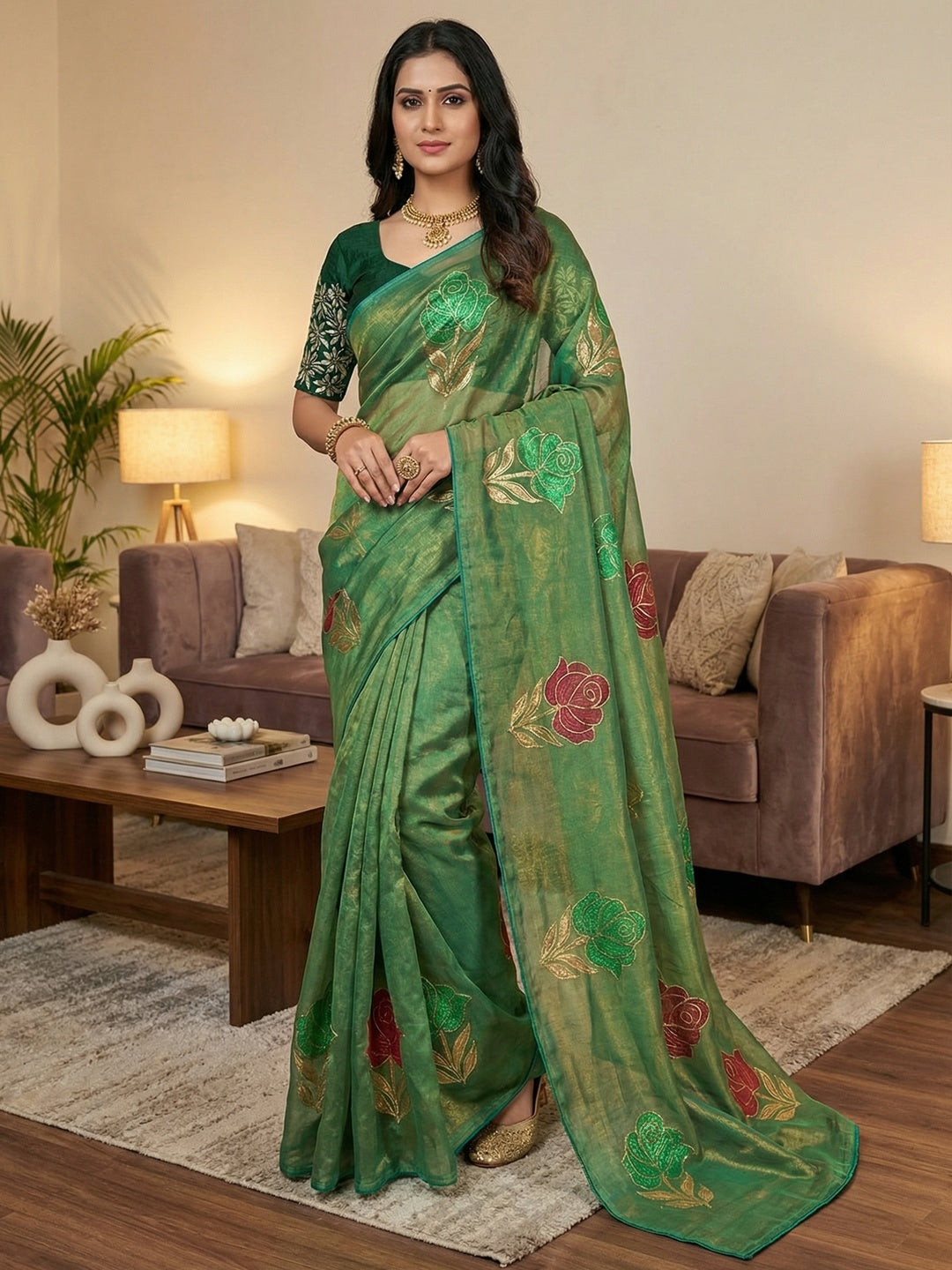 Elegant Green Twill Net Saree Adorned With Floral Foil Printed Work For A Subtle Festive Look - Image 1