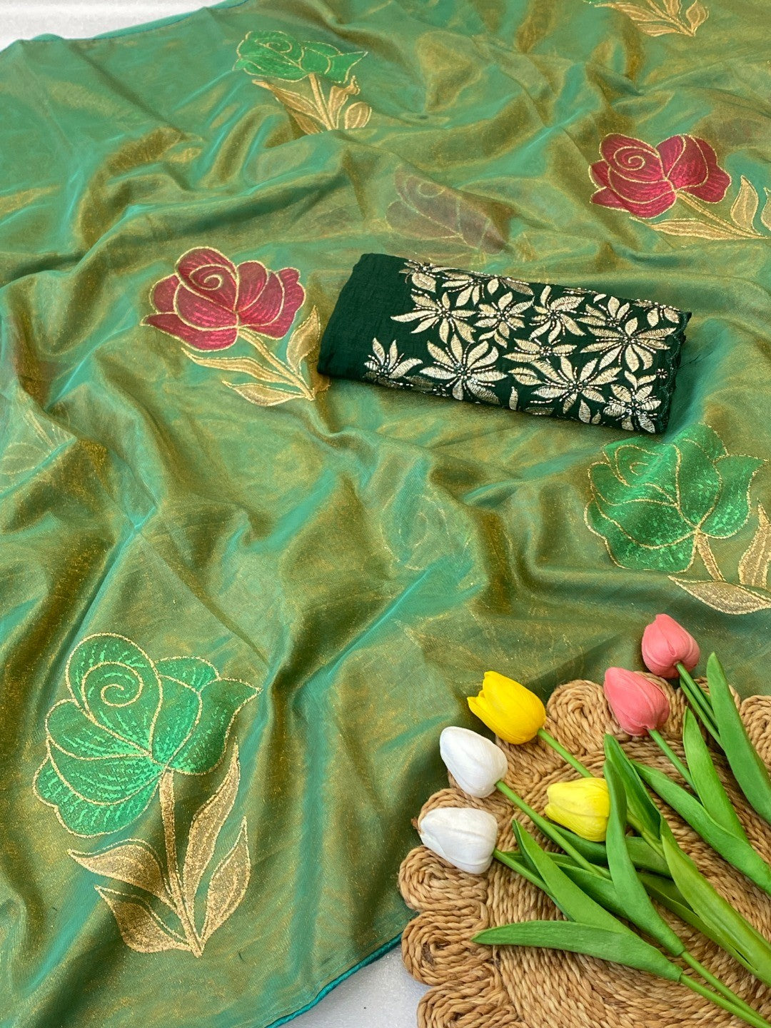 Elegant Green Twill Net Saree Adorned With Floral Foil Printed Work For A Subtle Festive Look - Image 2