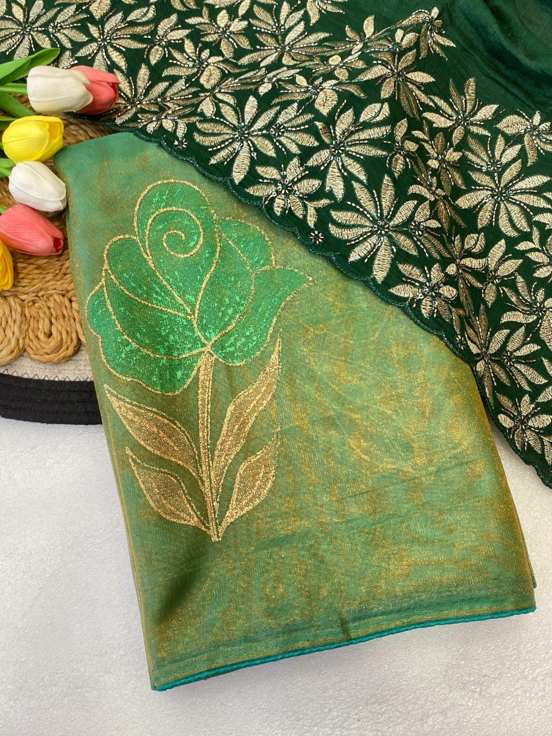 Elegant Green Twill Net Saree Adorned With Floral Foil Printed Work For A Subtle Festive Look - Image 3