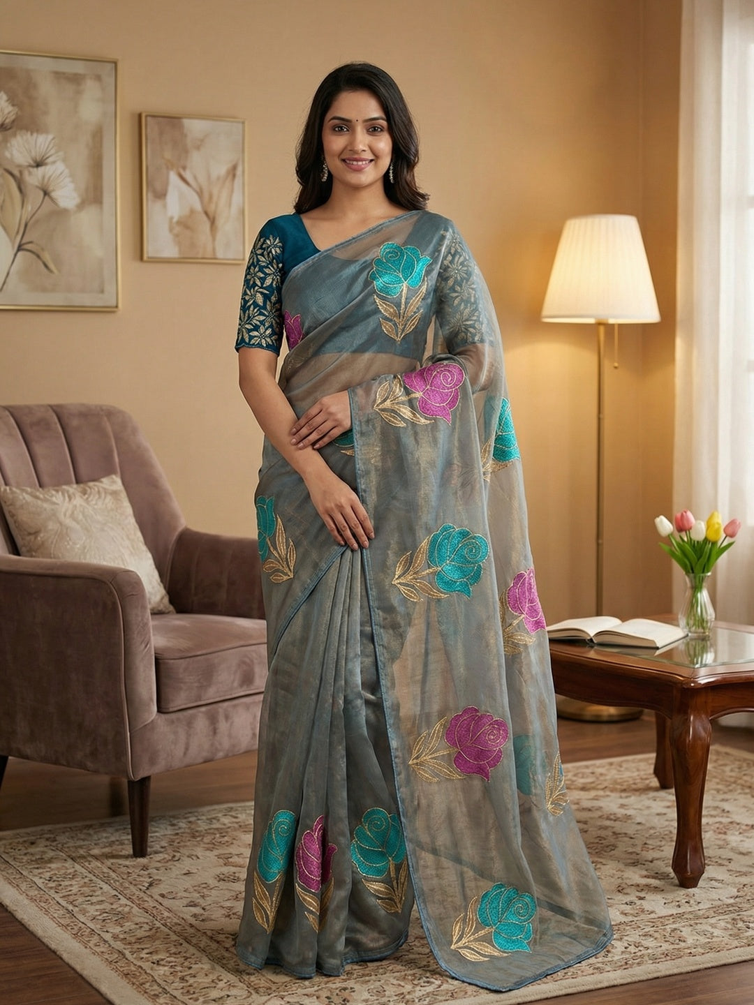 Elegant Grey Twill Net Saree Adorned With Floral Foil Printed Work For A Subtle Festive Look - Image 1