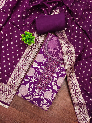 Charming Purple Floral Weaving Jacquard Dress Material Showcasing Refined Moti Handwork - Image 2