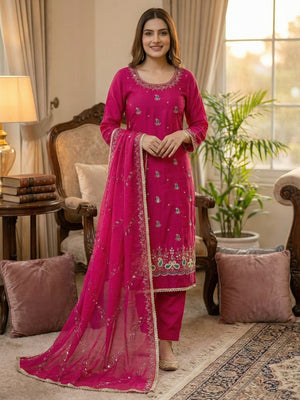Graceful Pink Embroidered Cotton Silk Dress Material With Beads & Mirror Handwork - Image 1