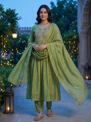 Festive Wear Green Thread Embroidered Mul Chanderi A-Line Salwar Suit with Intricate Embroidery - Image 1