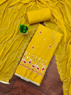 Graceful Mustard Embroidered Cotton Silk Dress Material With Beads & Mirror Handwork - Image 1