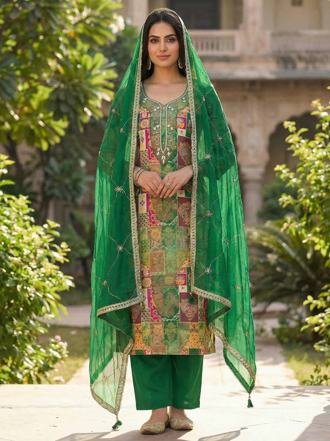 Graceful Green Floral Weaving Viscose Banarasi Dress Material Adorned With Moti & Sequins Work - Image 1