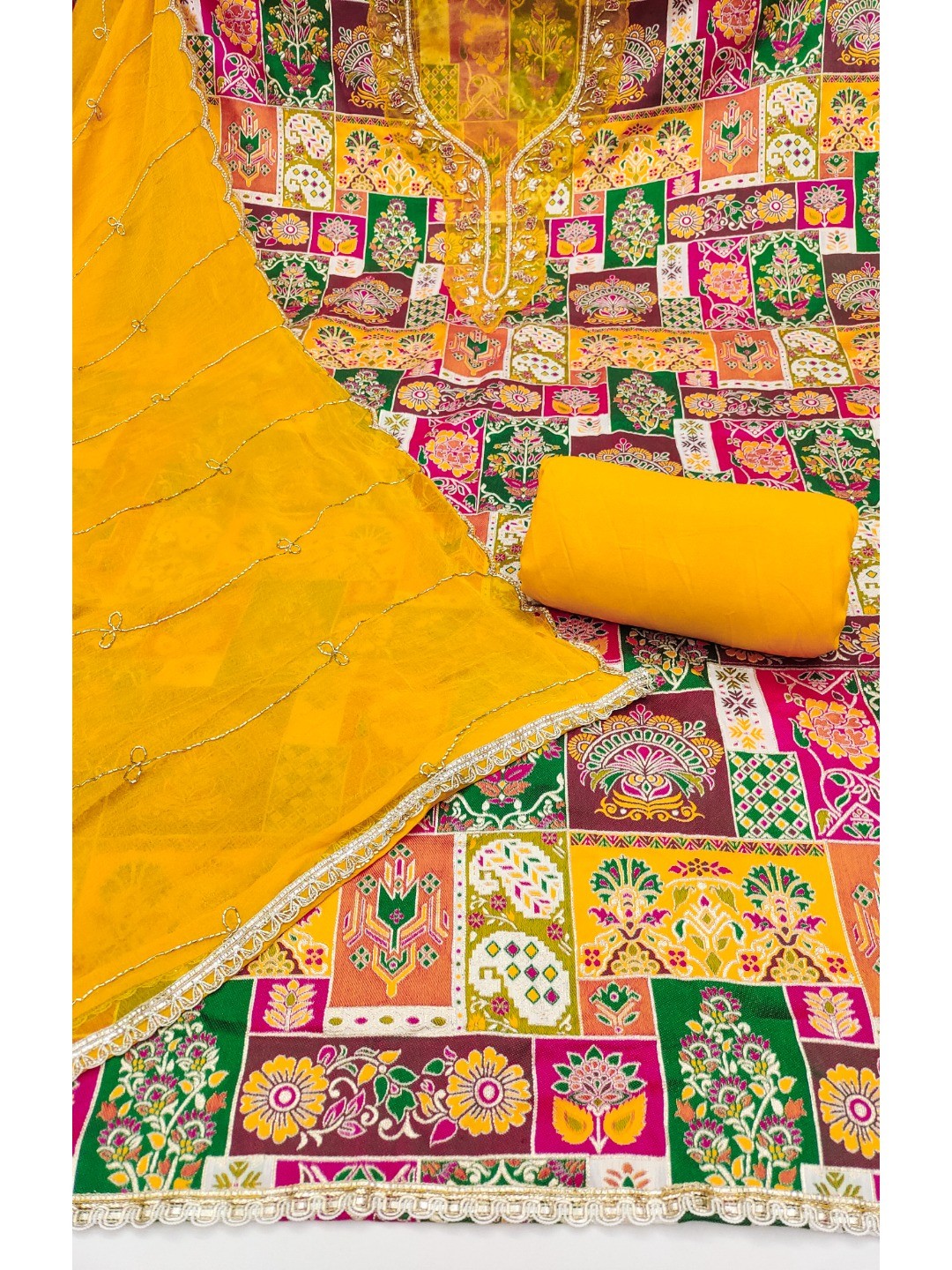 Graceful Yellow Floral Weaving Viscose Banarasi Dress Material Adorned With Moti & Sequins Work - Image 2