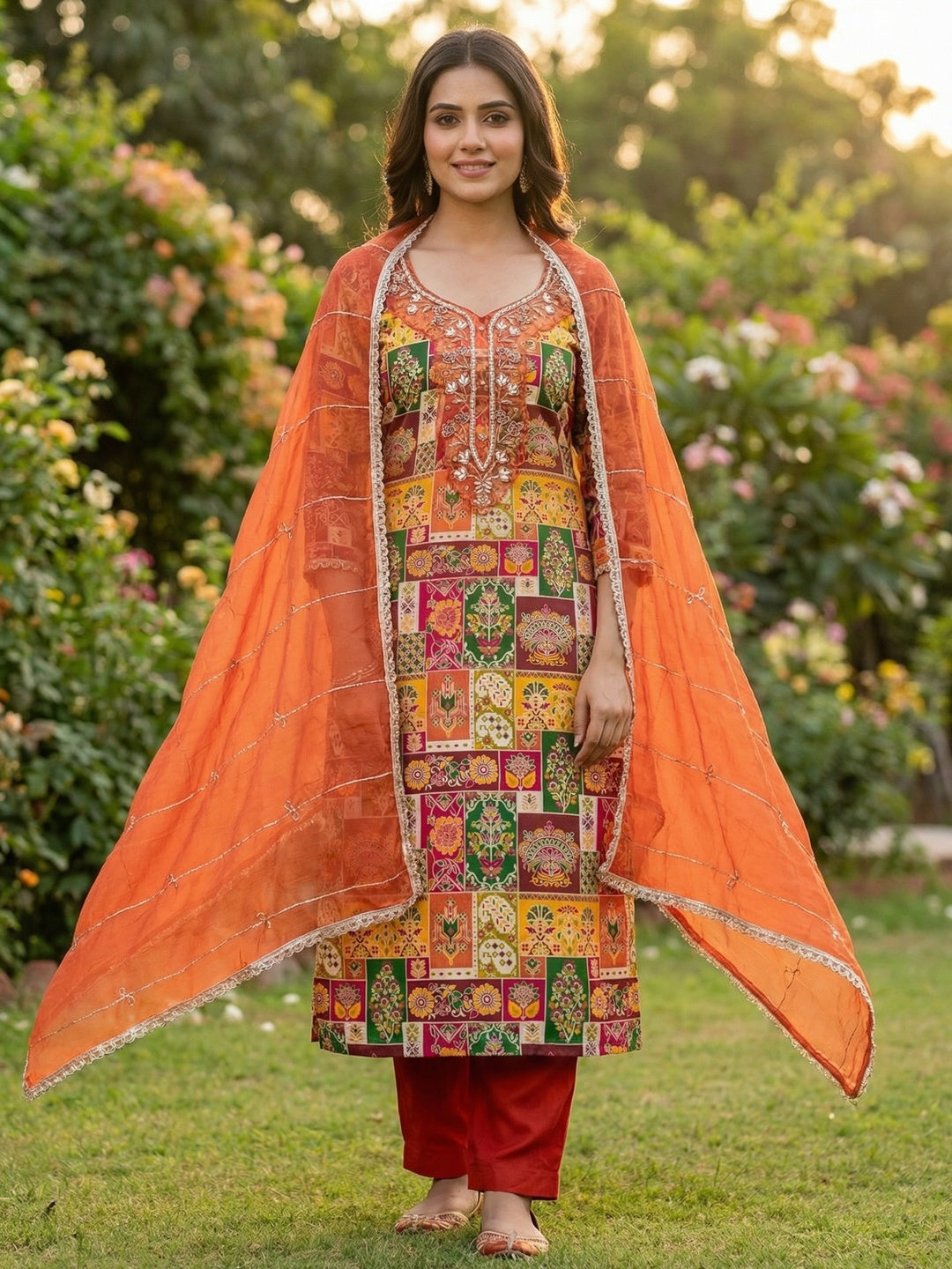 Graceful Orange Floral Weaving Viscose Banarasi Dress Material Adorned With Moti & Sequins Work - Image 1