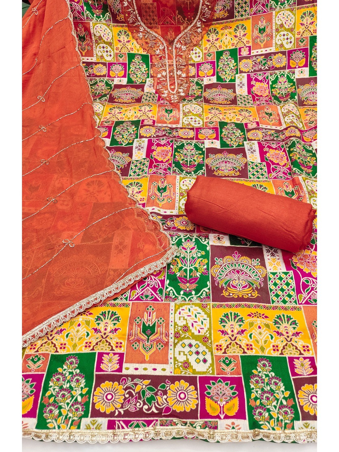 Graceful Orange Floral Weaving Viscose Banarasi Dress Material Adorned With Moti & Sequins Work - Image 3