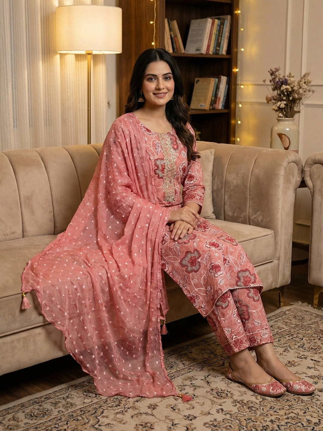 Pink Floral Printed Pure Cotton Dress Material With Hand Embroidered Neckline - Image 1