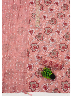 Pink Floral Printed Pure Cotton Dress Material With Hand Embroidered Neckline - Image 2