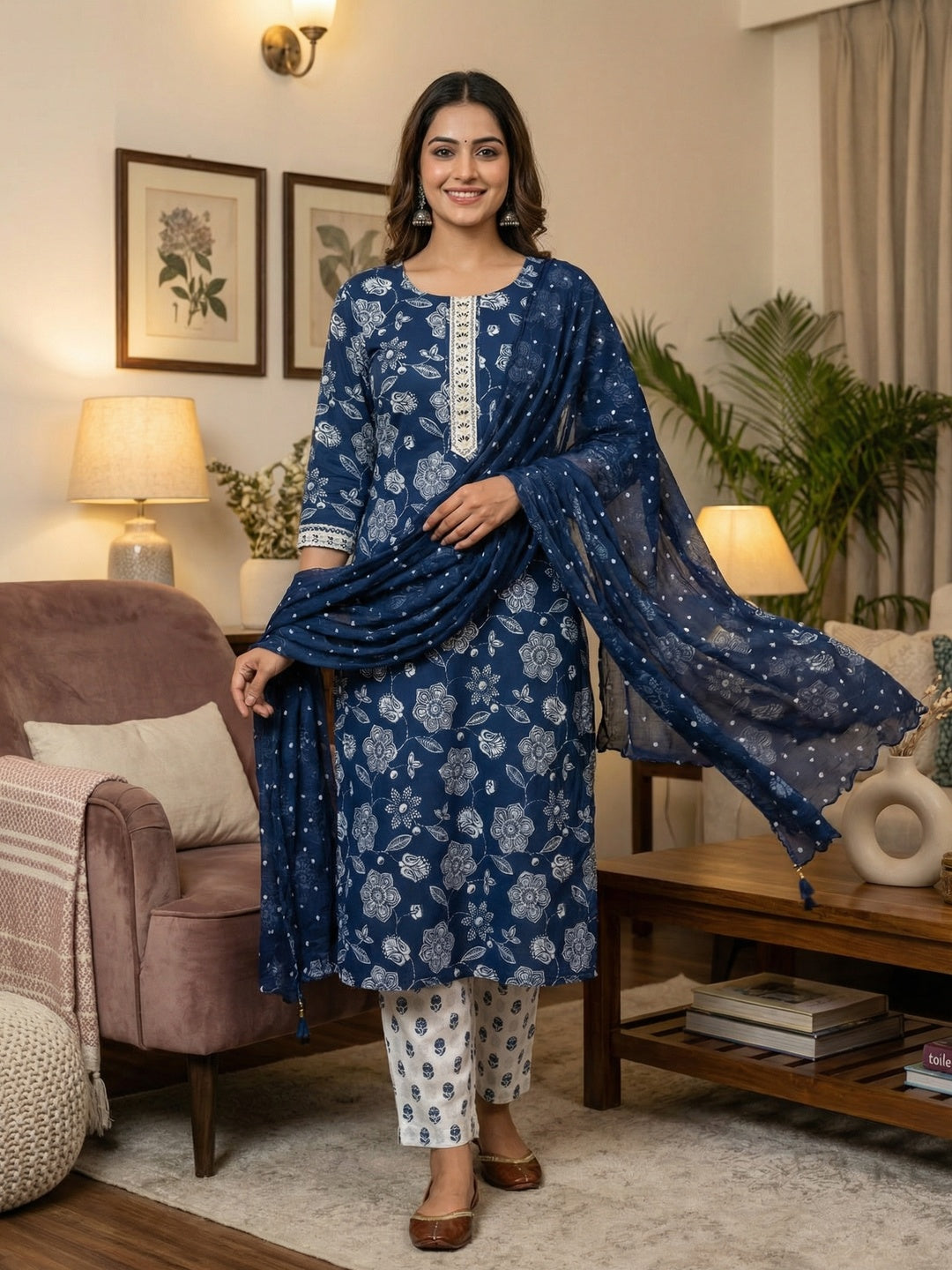 Classic Blue Floral Printed Pure Cotton Dress Material With Embroidered Neckline - Image 1