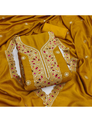 Mustard Thread Embroidered Vichitra Silk Dress Material - Image 2